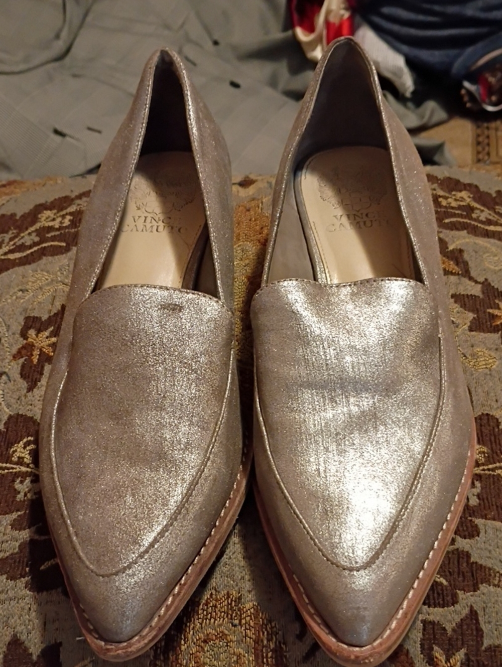 Vince Camuto Metallic Taupe Pointed Slip-On Loafers